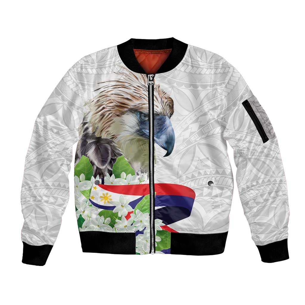 Philippines Eagle and Sampaguita Flowers Sleeve Zip Bomber Jacket Polynesian Pattern LT9 Unisex White - Polynesian Pride