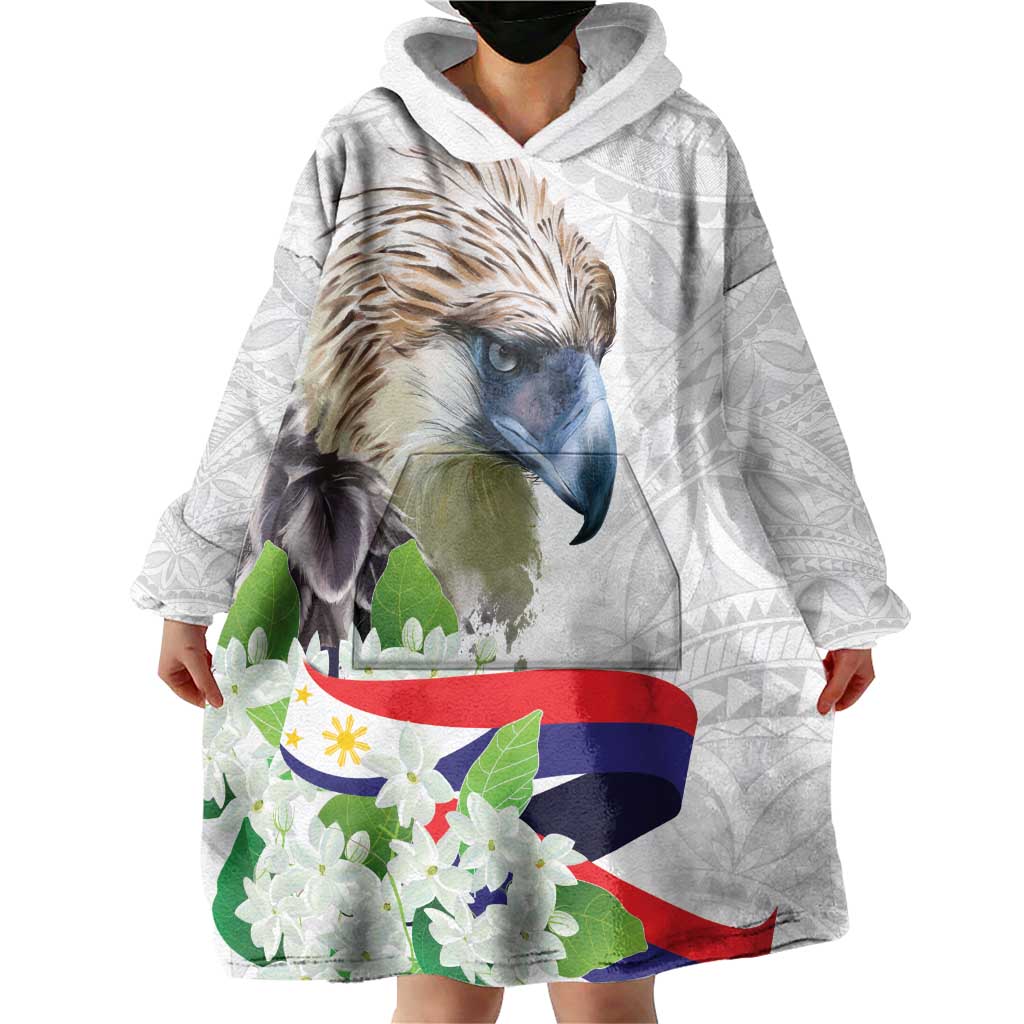 Philippines Eagle and Sampaguita Flowers Wearable Blanket Hoodie Polynesian Pattern