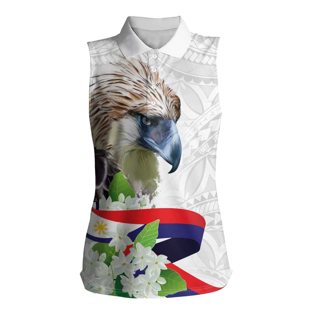 Philippines Eagle and Sampaguita Flowers Women Sleeveless Polo Shirt Polynesian Pattern