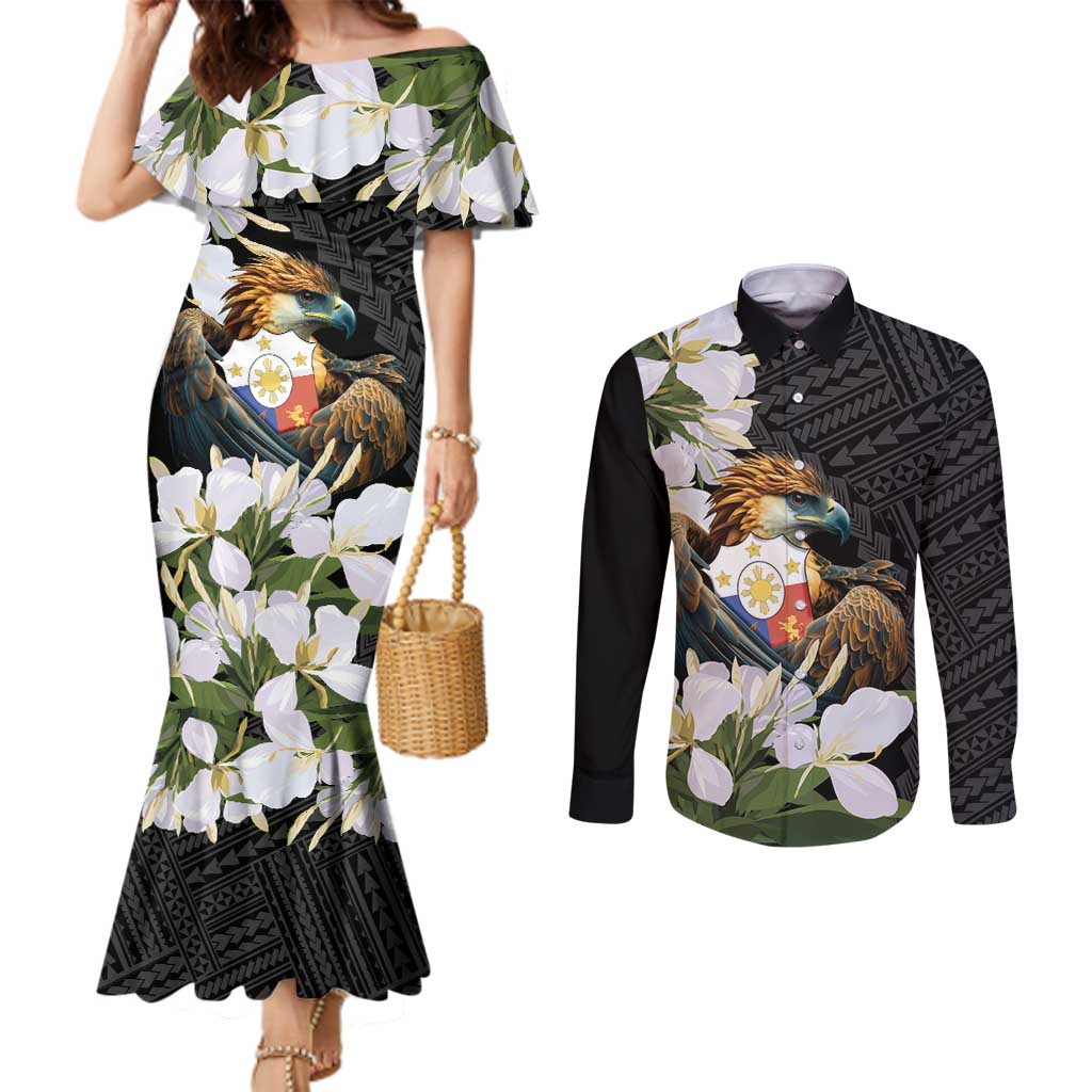 Philippines Eagle with Coat Of Arm Couples Matching Mermaid Dress and Long Sleeve Button Shirt Simple Sampaguita Jasmine