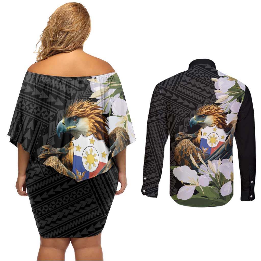 Philippines Eagle with Coat Of Arm Couples Matching Off Shoulder Short Dress and Long Sleeve Button Shirt Simple Sampaguita Jasmine