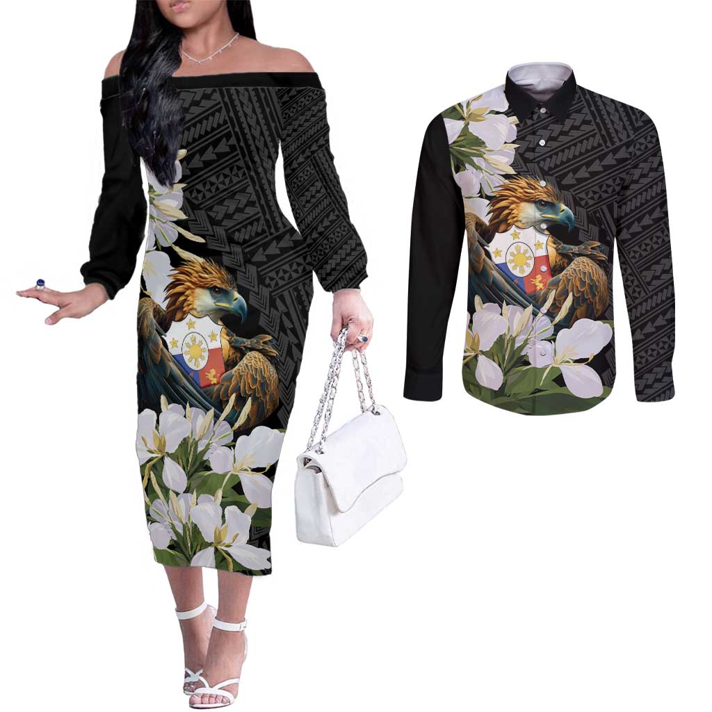 Philippines Eagle with Coat Of Arm Couples Matching Off The Shoulder Long Sleeve Dress and Long Sleeve Button Shirt Simple Sampaguita Jasmine