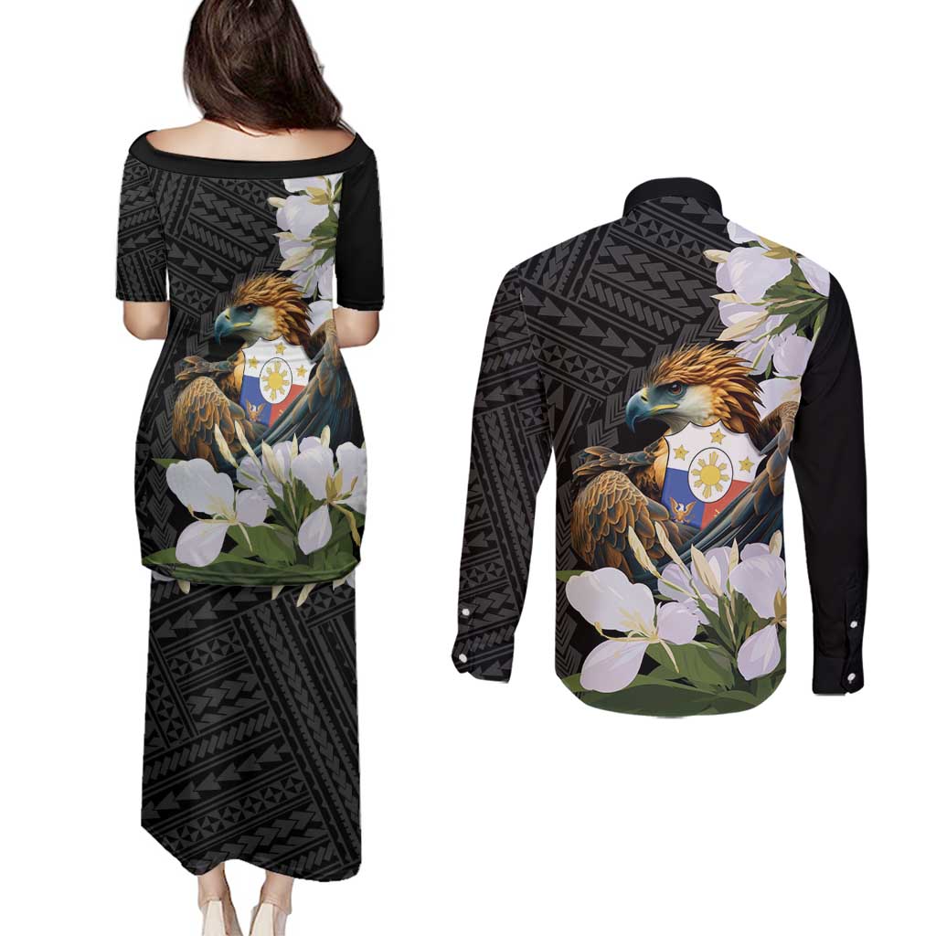 Philippines Eagle with Coat Of Arm Couples Matching Puletasi and Long Sleeve Button Shirt Simple Sampaguita Jasmine