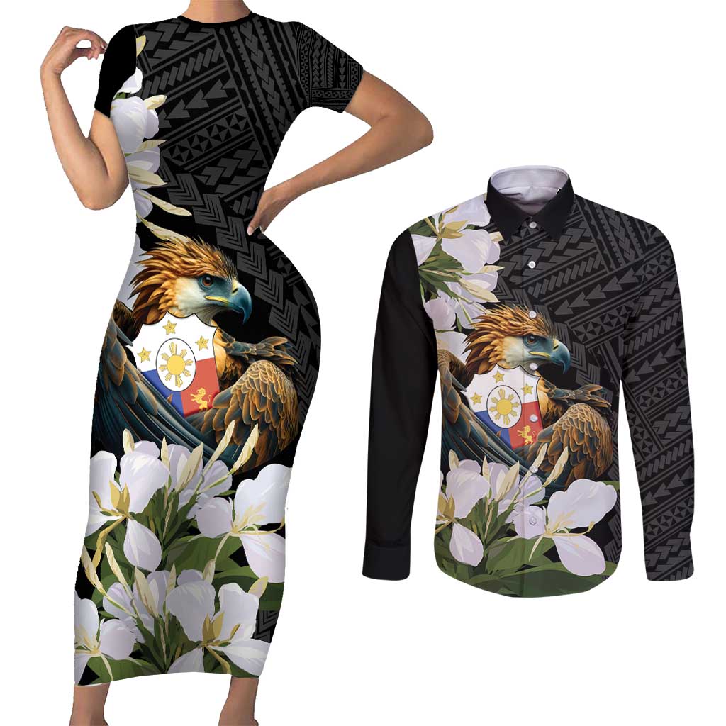 Philippines Eagle with Coat Of Arm Couples Matching Short Sleeve Bodycon Dress and Long Sleeve Button Shirt Simple Sampaguita Jasmine