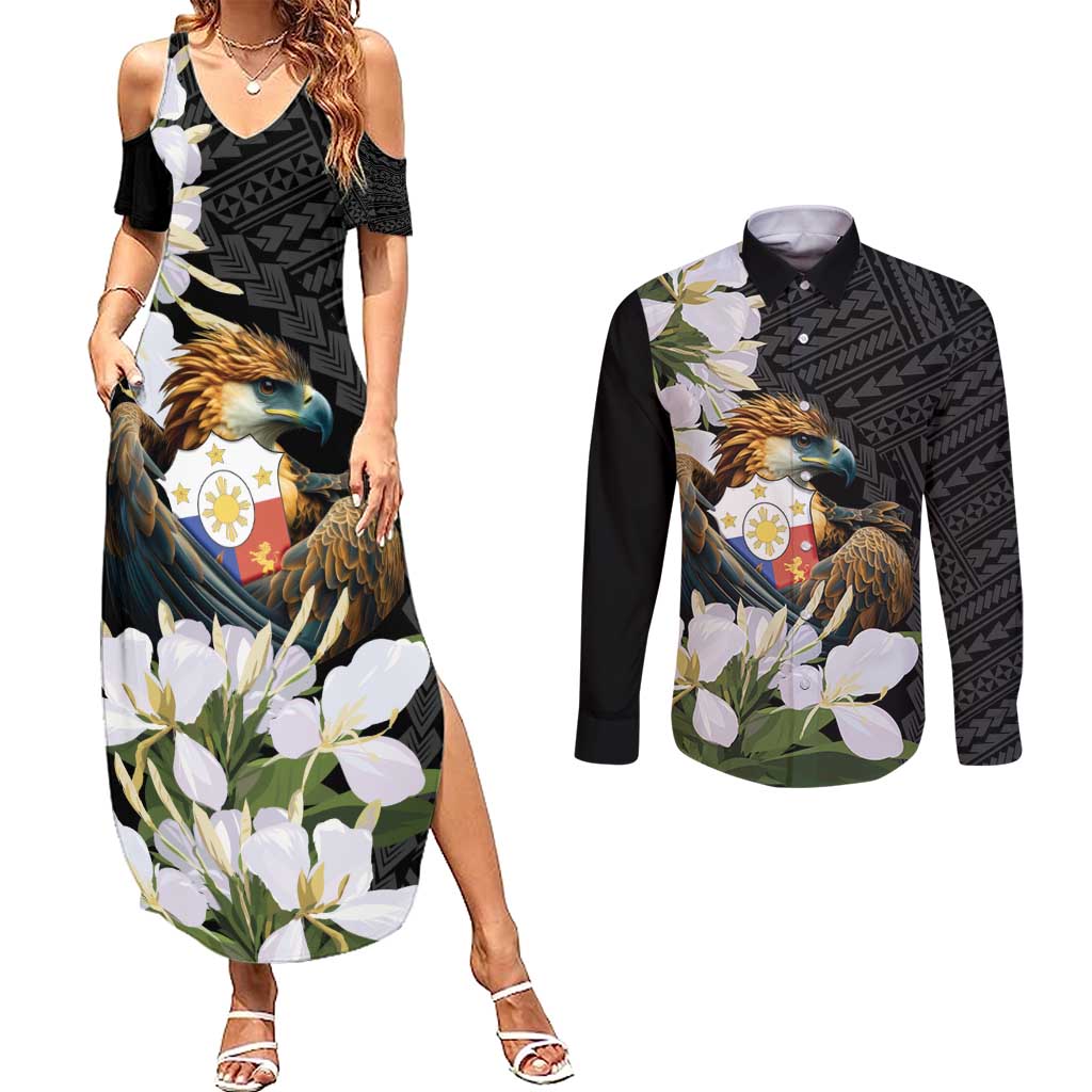 Philippines Eagle with Coat Of Arm Couples Matching Summer Maxi Dress and Long Sleeve Button Shirt Simple Sampaguita Jasmine