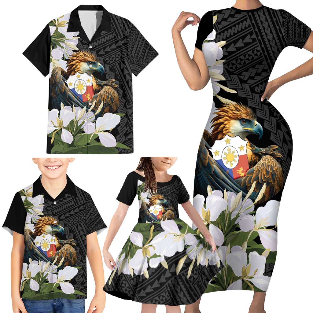 Philippines Eagle with Coat Of Arm Family Matching Short Sleeve Bodycon Dress and Hawaiian Shirt Simple Sampaguita Jasmine