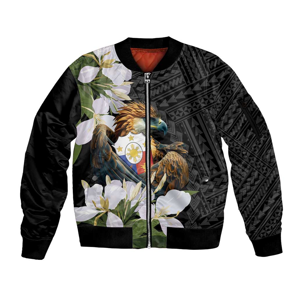 Philippines Eagle with Coat Of Arm Sleeve Zip Bomber Jacket Simple Sampaguita Jasmine LT9 Unisex Black - Polynesian Pride
