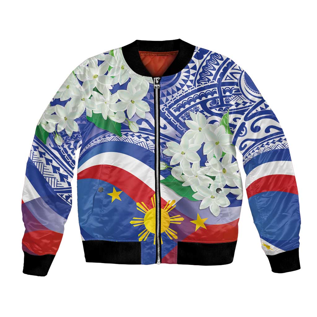 Philippines Flag Bomber Jacket Sampaguita Jasmine with Polynesian Tribal LT9 Unisex Blue - Polynesian Pride