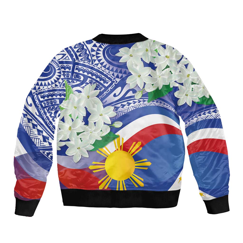 Philippines Flag Bomber Jacket Sampaguita Jasmine with Polynesian Tribal LT9 - Polynesian Pride