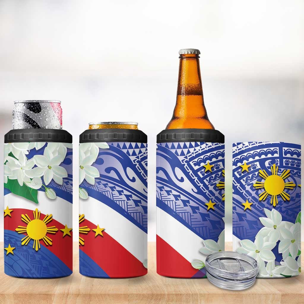 Philippines Flag 4 in 1 Can Cooler Tumbler Sampaguita Jasmine with Polynesian Tribal LT9