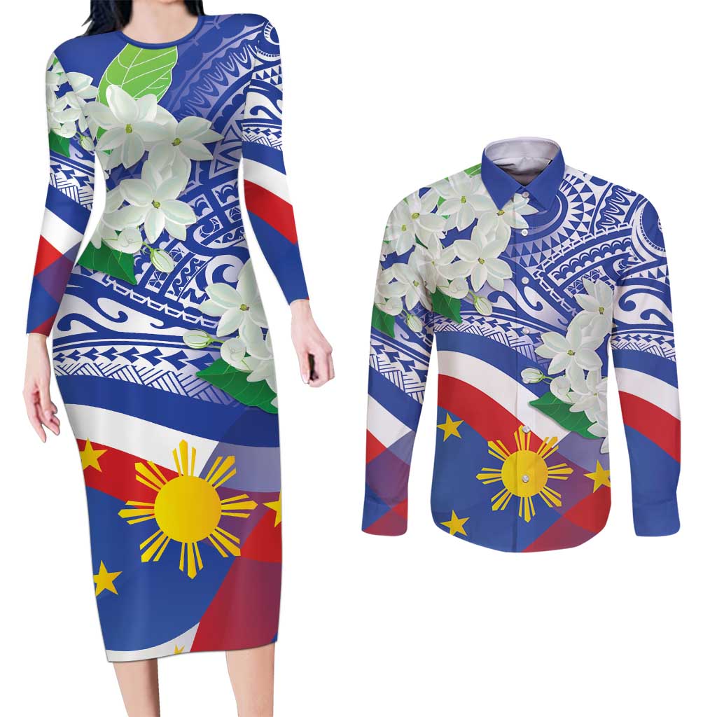 Philippines Flag Couples Matching Long Sleeve Bodycon Dress and Long Sleeve Button Shirt Sampaguita Jasmine with Polynesian Tribal
