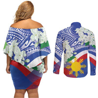 Philippines Flag Couples Matching Off Shoulder Short Dress and Long Sleeve Button Shirt Sampaguita Jasmine with Polynesian Tribal
