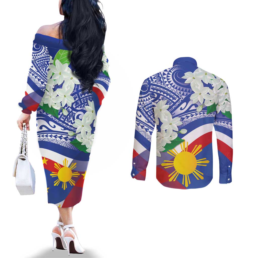 Philippines Flag Couples Matching Off The Shoulder Long Sleeve Dress and Long Sleeve Button Shirt Sampaguita Jasmine with Polynesian Tribal