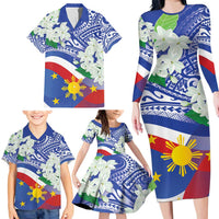 Philippines Flag Family Matching Long Sleeve Bodycon Dress and Hawaiian Shirt Sampaguita Jasmine with Polynesian Tribal