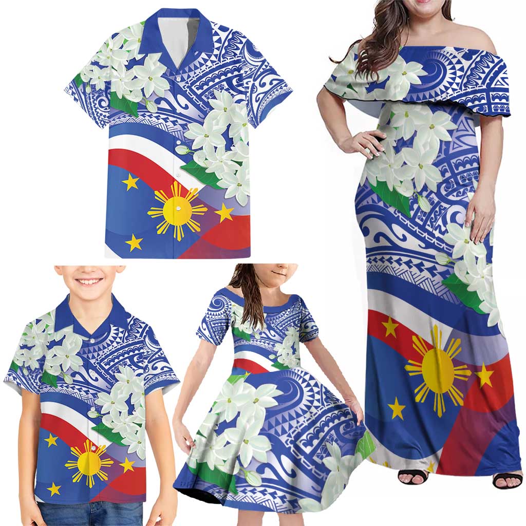 Philippines Flag Family Matching Off Shoulder Maxi Dress and Hawaiian Shirt Sampaguita Jasmine with Polynesian Tribal