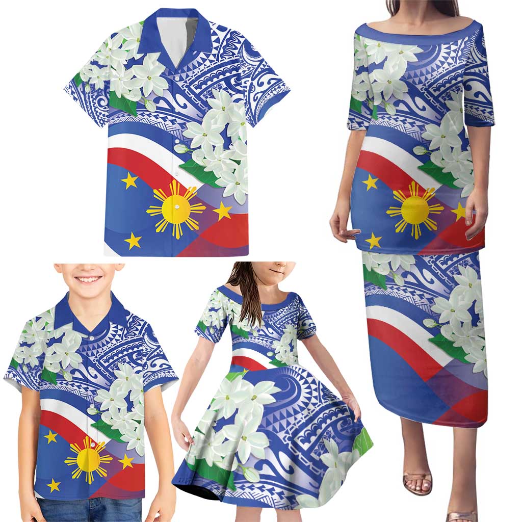 Philippines Flag Family Matching Puletasi and Hawaiian Shirt Sampaguita Jasmine with Polynesian Tribal