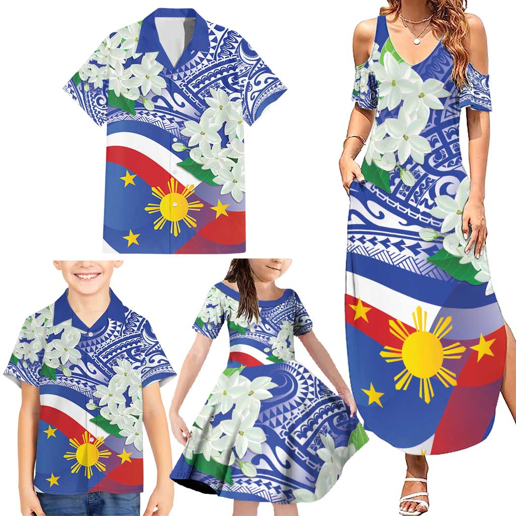 Philippines Flag Family Matching Summer Maxi Dress and Hawaiian Shirt Sampaguita Jasmine with Polynesian Tribal