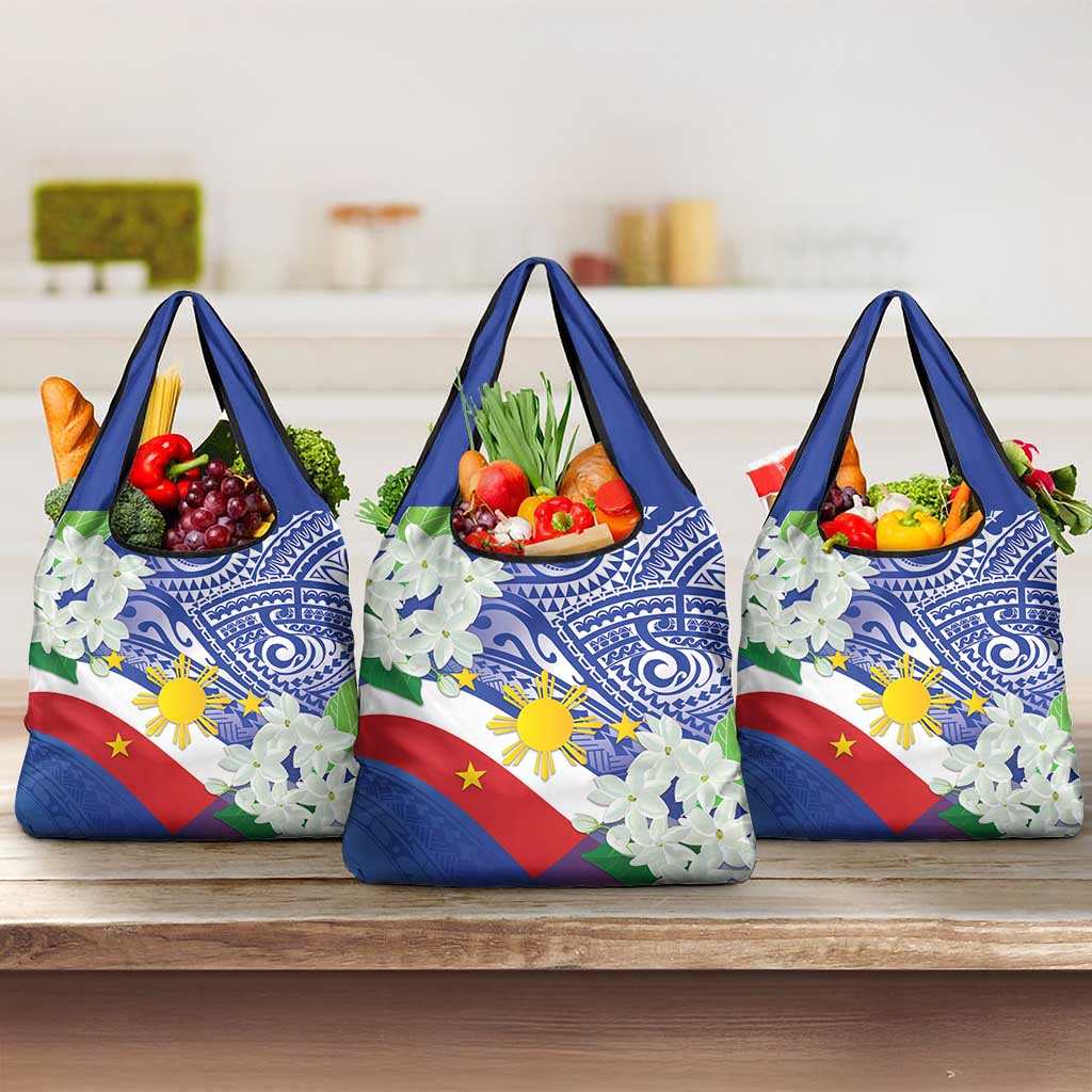Philippines Flag Grocery Bag Sampaguita Jasmine with Polynesian Tribal