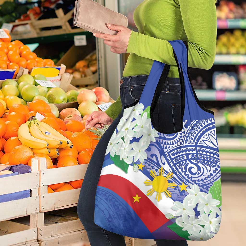 Philippines Flag Grocery Bag Sampaguita Jasmine with Polynesian Tribal
