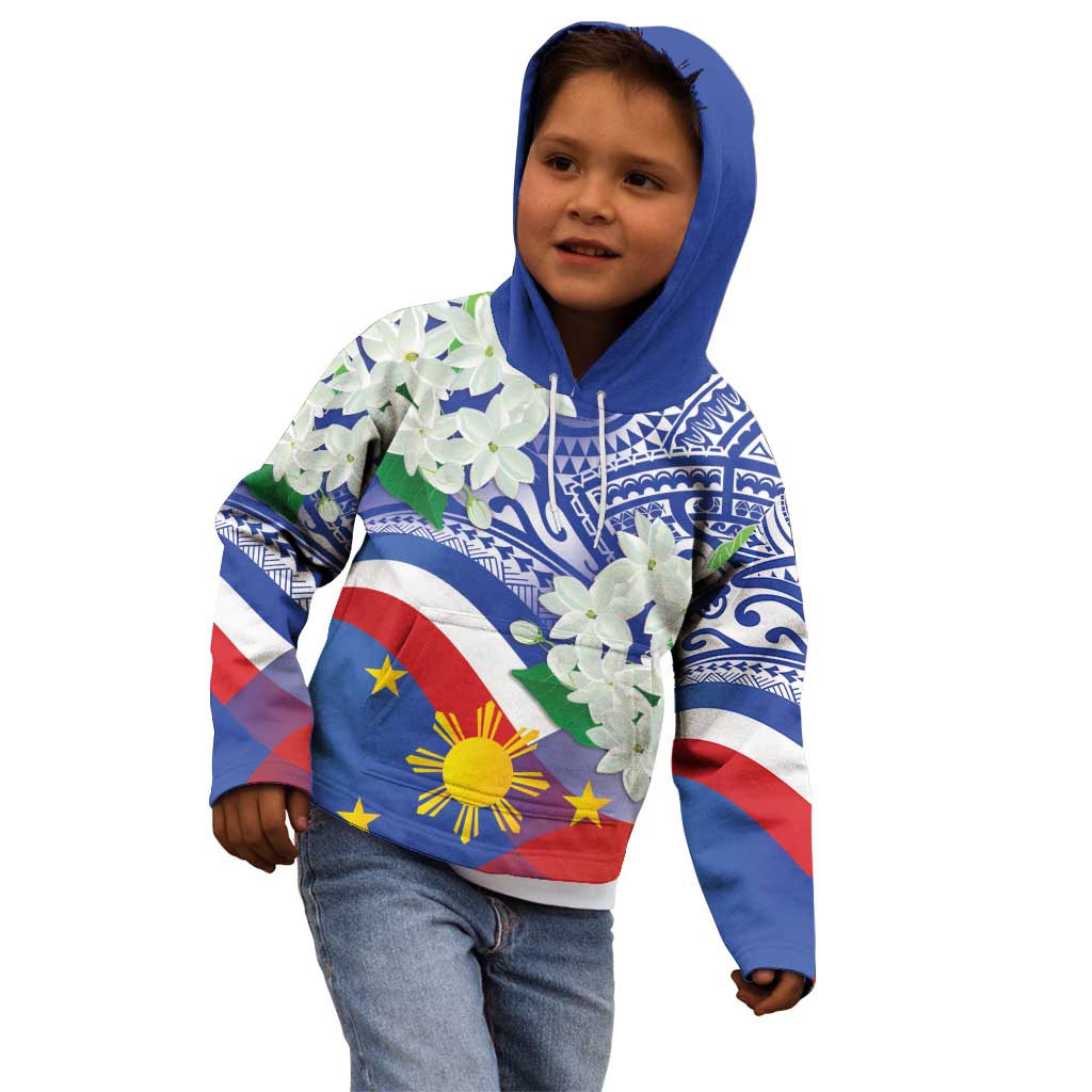 Philippines Flag Kid Hoodie Sampaguita Jasmine with Polynesian Tribal