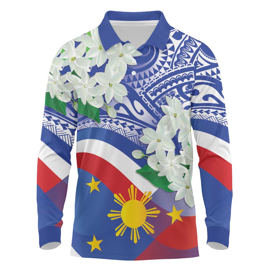 Philippines Flag Long Sleeve Polo Shirt Sampaguita Jasmine with Polynesian Tribal