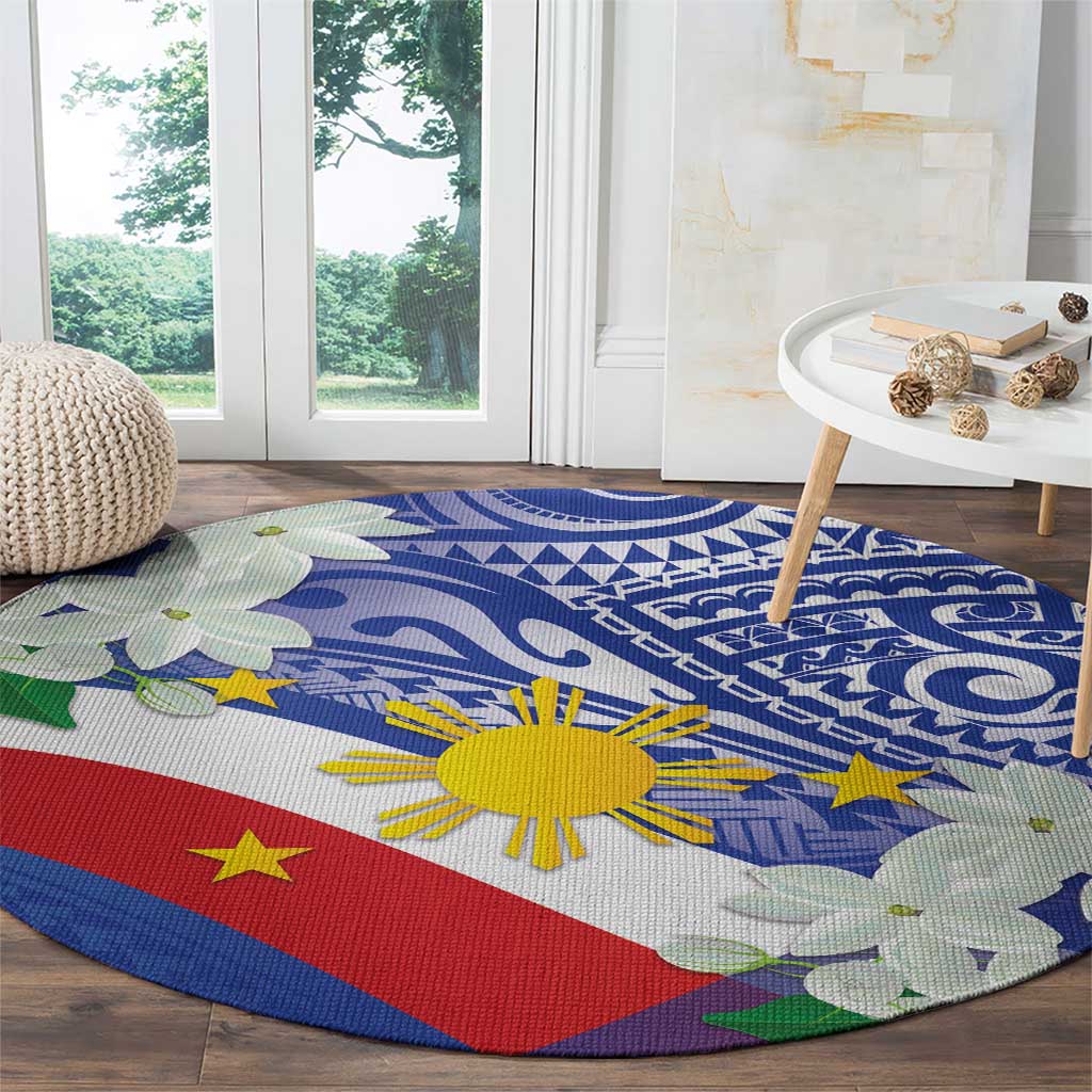 Philippines Flag Round Carpet Sampaguita Jasmine with Polynesian Tribal