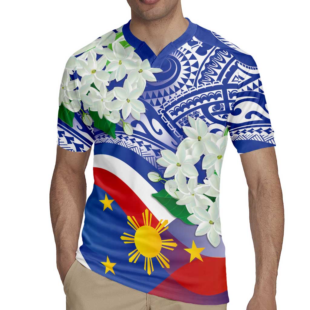 Philippines Flag Rugby Jersey Sampaguita Jasmine with Polynesian Tribal