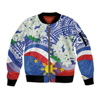 Philippines Flag Sleeve Zip Bomber Jacket Sampaguita Jasmine with Polynesian Tribal LT9 Unisex Blue - Polynesian Pride
