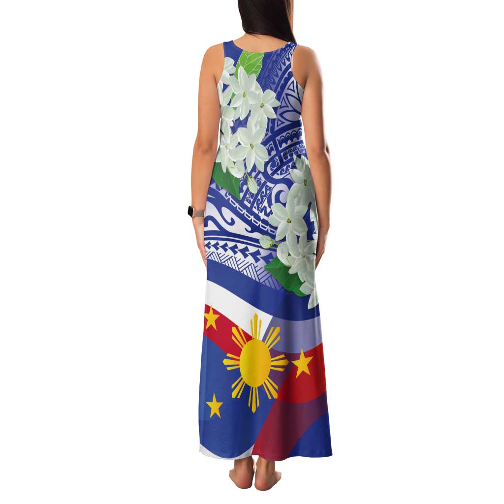 Philippines Flag Tank Maxi Dress Sampaguita Jasmine with Polynesian Tribal