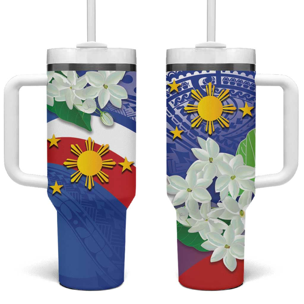 Philippines Flag Tumbler With Handle Sampaguita Jasmine with Polynesian Tribal LT9