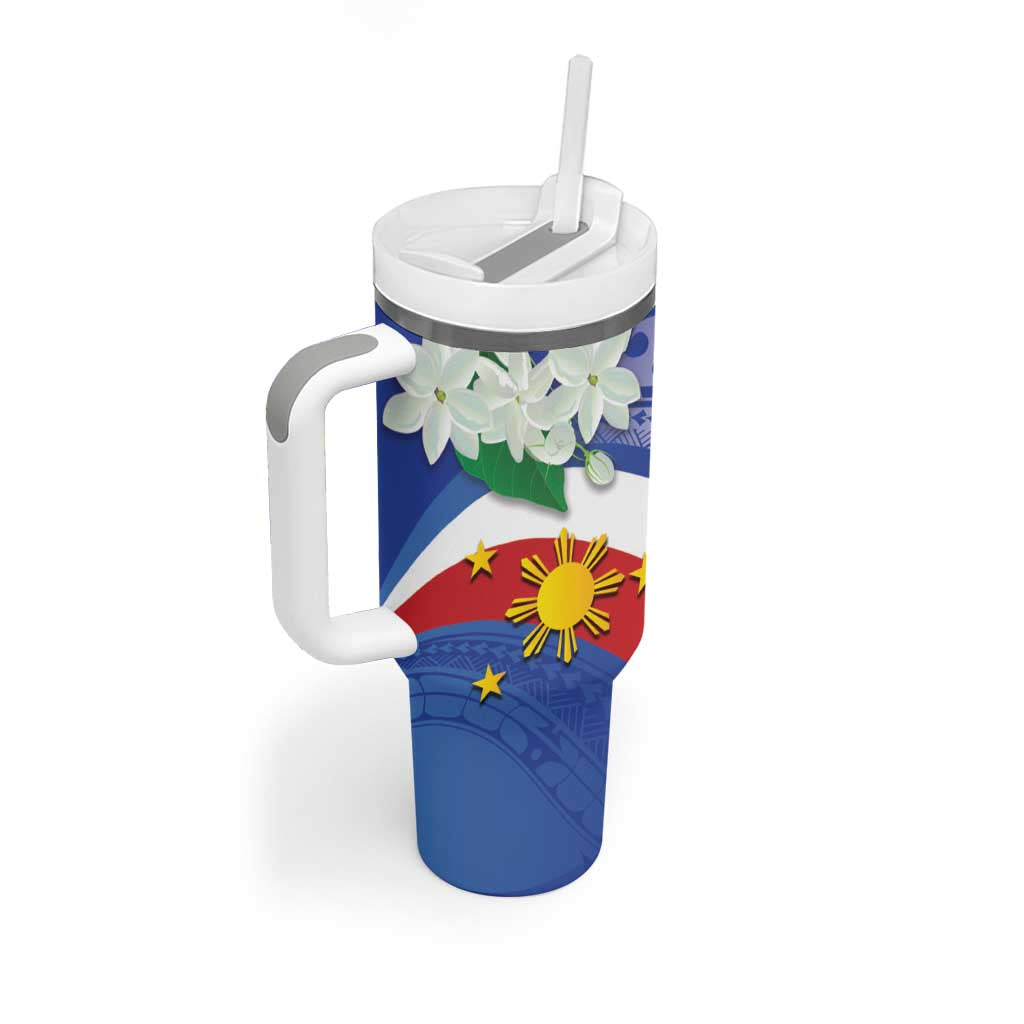 Philippines Flag Tumbler With Handle Sampaguita Jasmine with Polynesian Tribal LT9