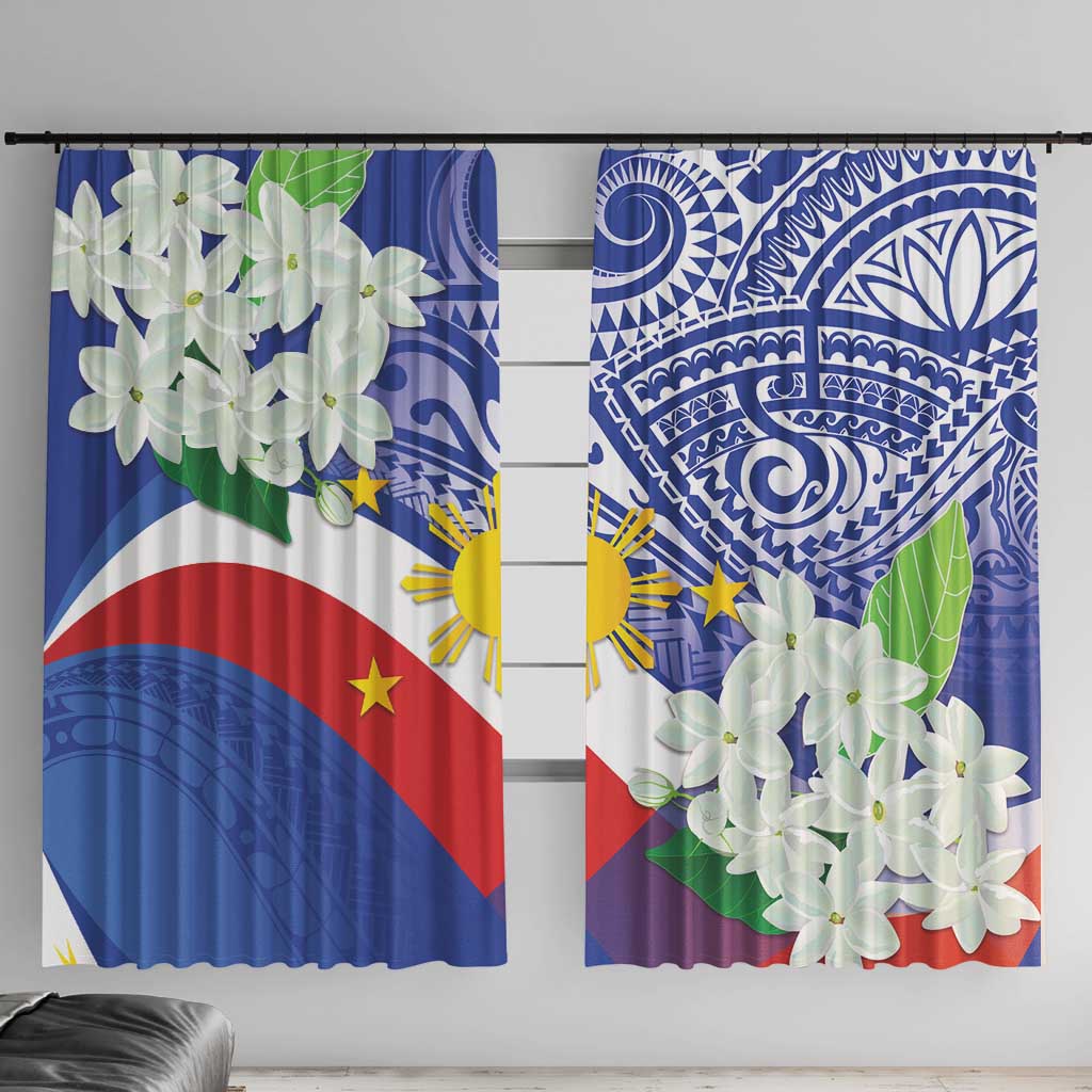 Philippines Flag Window Curtain Sampaguita Jasmine with Polynesian Tribal