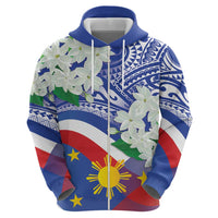 Philippines Flag Zip Hoodie Sampaguita Jasmine with Polynesian Tribal
