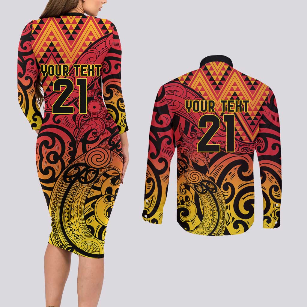New Zealand Rangatira Custom Couples Matching Long Sleeve Bodycon Dress and Long Sleeve Button Shirt Red and Gold Niho Taniwha Maori Tribal