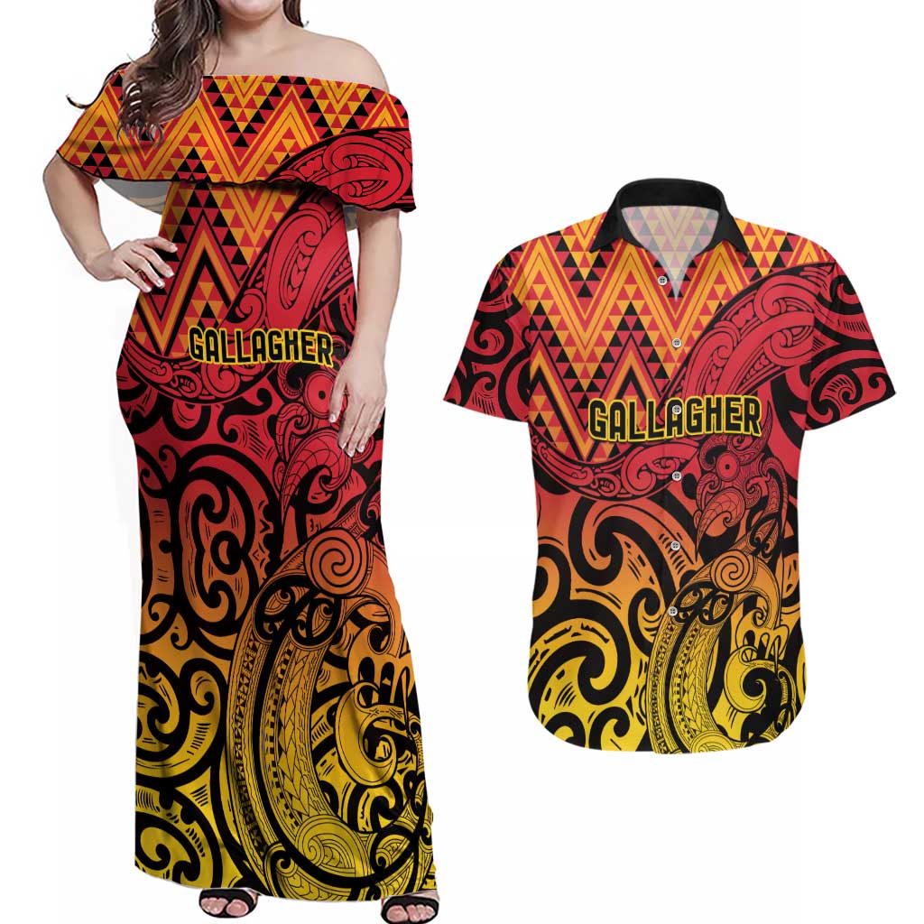 New Zealand Rangatira Custom Couples Matching Off Shoulder Maxi Dress and Hawaiian Shirt Red and Gold Niho Taniwha Maori Tribal