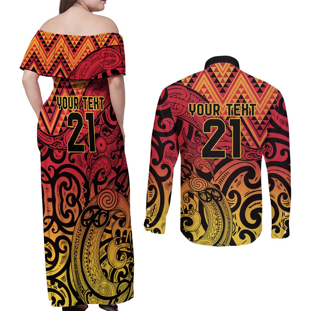 New Zealand Rangatira Custom Couples Matching Off Shoulder Maxi Dress and Long Sleeve Button Shirt Red and Gold Niho Taniwha Maori Tribal