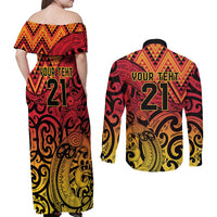 New Zealand Rangatira Custom Couples Matching Off Shoulder Maxi Dress and Long Sleeve Button Shirt Red and Gold Niho Taniwha Maori Tribal