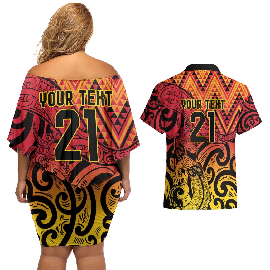 New Zealand Rangatira Custom Couples Matching Off Shoulder Short Dress and Hawaiian Shirt Red and Gold Niho Taniwha Maori Tribal