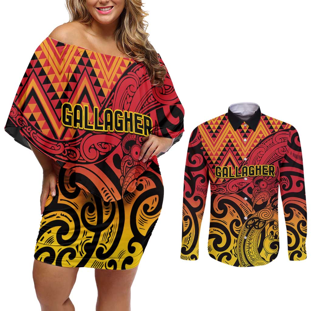 New Zealand Rangatira Custom Couples Matching Off Shoulder Short Dress and Long Sleeve Button Shirt Red and Gold Niho Taniwha Maori Tribal