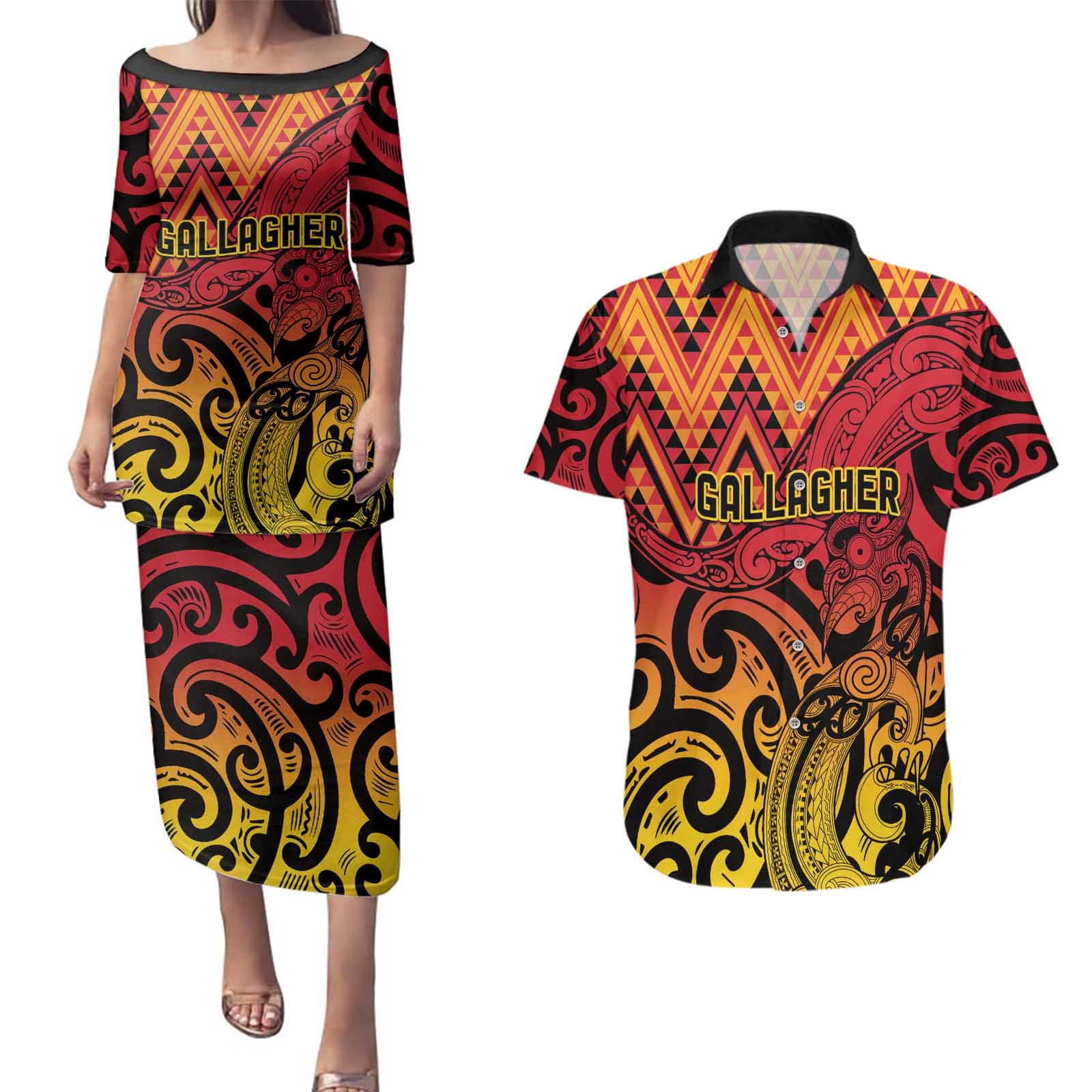 New Zealand Rangatira Custom Couples Matching Puletasi and Hawaiian Shirt Red and Gold Niho Taniwha Maori Tribal
