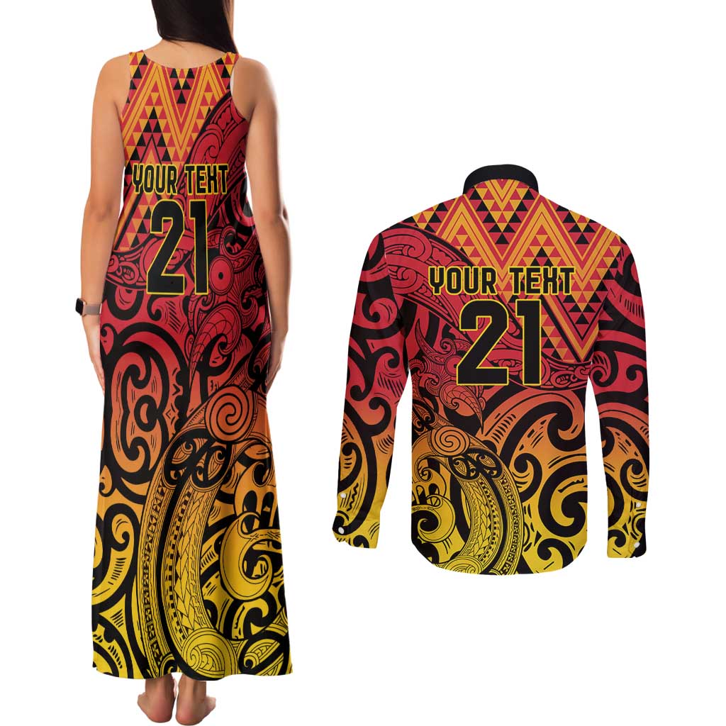 New Zealand Rangatira Custom Couples Matching Tank Maxi Dress and Long Sleeve Button Shirt Red and Gold Niho Taniwha Maori Tribal