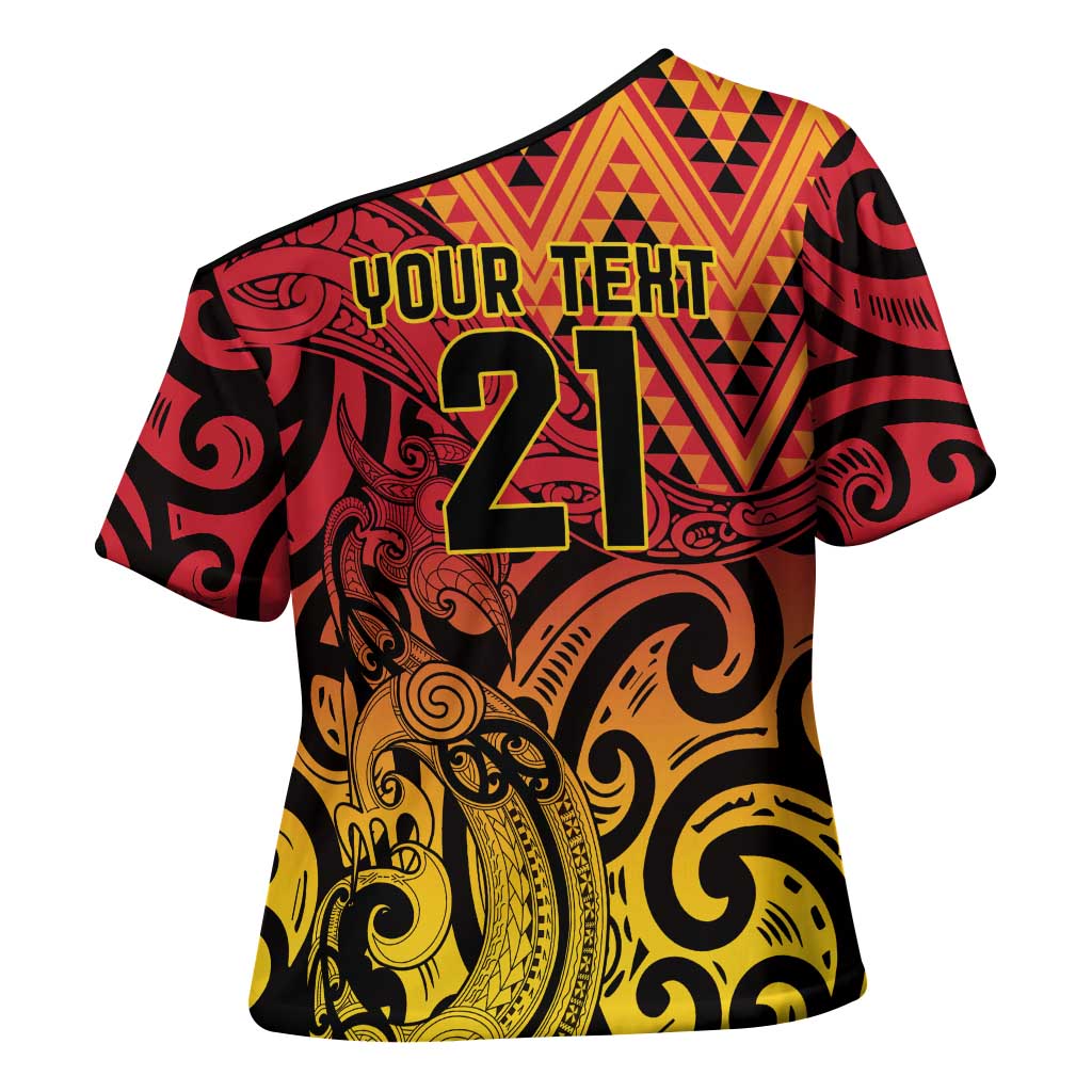 New Zealand Rangatira Custom Cross Shoulder Shirt Red and Gold Niho Taniwha Maori Tribal - Polynesian Pride