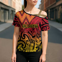 New Zealand Rangatira Custom Cross Shoulder Shirt Red and Gold Niho Taniwha Maori Tribal - Polynesian Pride
