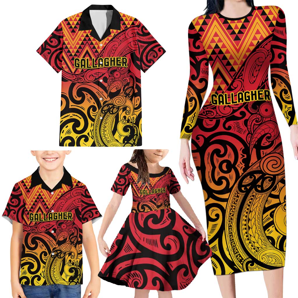New Zealand Rangatira Custom Family Matching Long Sleeve Bodycon Dress and Hawaiian Shirt Red and Gold Niho Taniwha Maori Tribal