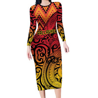 New Zealand Rangatira Custom Family Matching Long Sleeve Bodycon Dress and Hawaiian Shirt Red and Gold Niho Taniwha Maori Tribal
