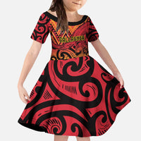 New Zealand Rangatira Custom Family Matching Off The Shoulder Long Sleeve Dress and Hawaiian Shirt Red and Gold Niho Taniwha Maori Tribal