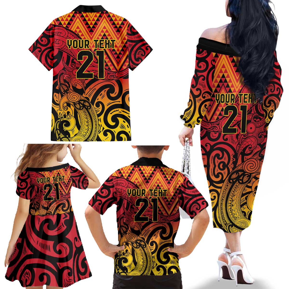 New Zealand Rangatira Custom Family Matching Off The Shoulder Long Sleeve Dress and Hawaiian Shirt Red and Gold Niho Taniwha Maori Tribal