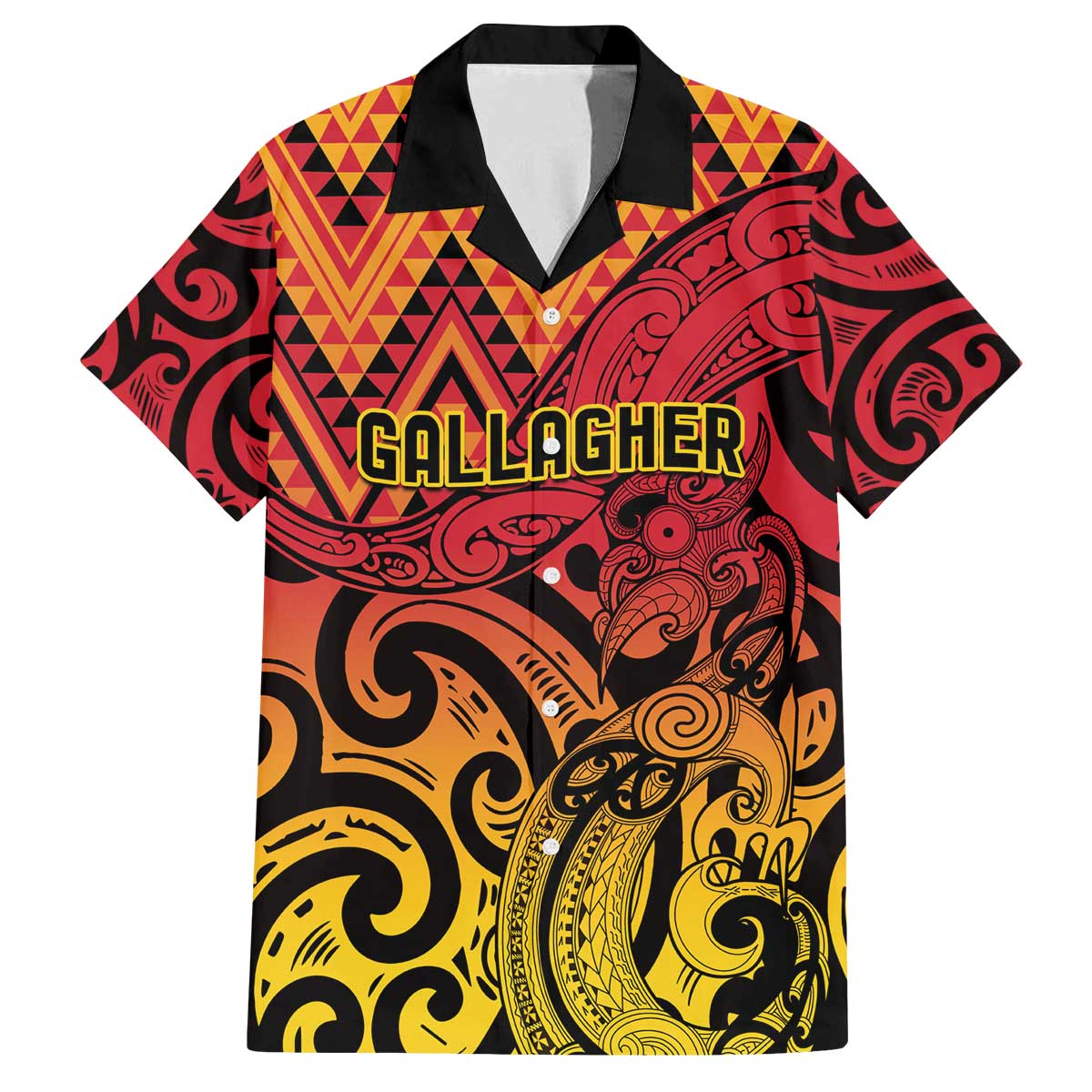New Zealand Rangatira Custom Family Matching Off The Shoulder Long Sleeve Dress and Hawaiian Shirt Red and Gold Niho Taniwha Maori Tribal