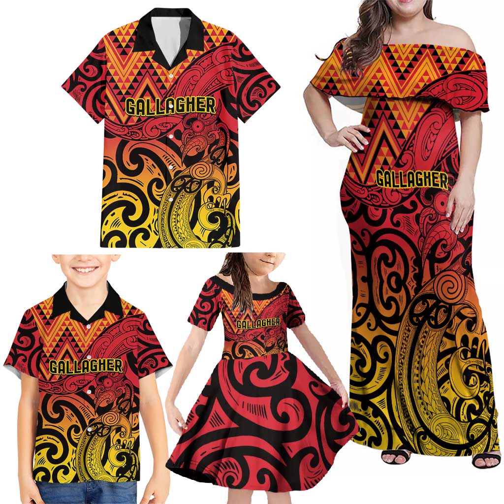 New Zealand Rangatira Custom Family Matching Off Shoulder Maxi Dress and Hawaiian Shirt Red and Gold Niho Taniwha Maori Tribal