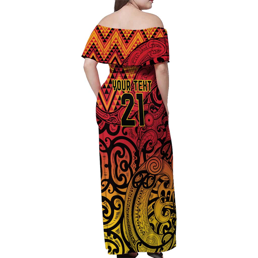 New Zealand Rangatira Custom Family Matching Off Shoulder Maxi Dress and Hawaiian Shirt Red and Gold Niho Taniwha Maori Tribal